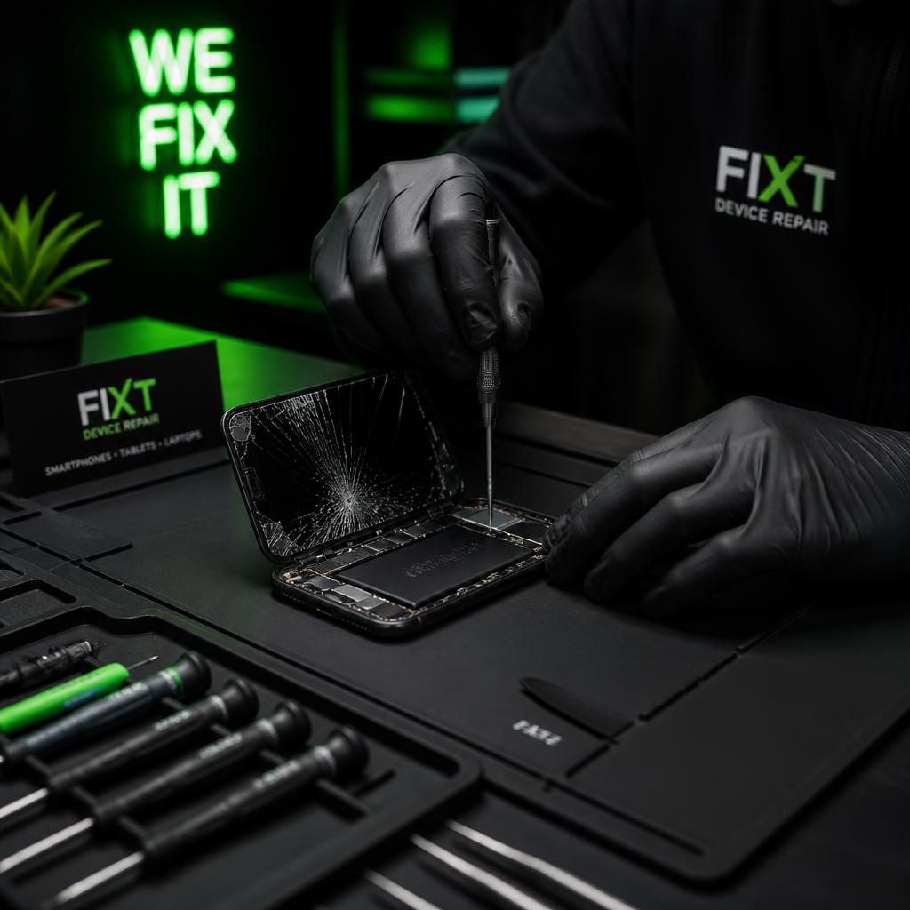 Technician repairing a cracked smartphone screen